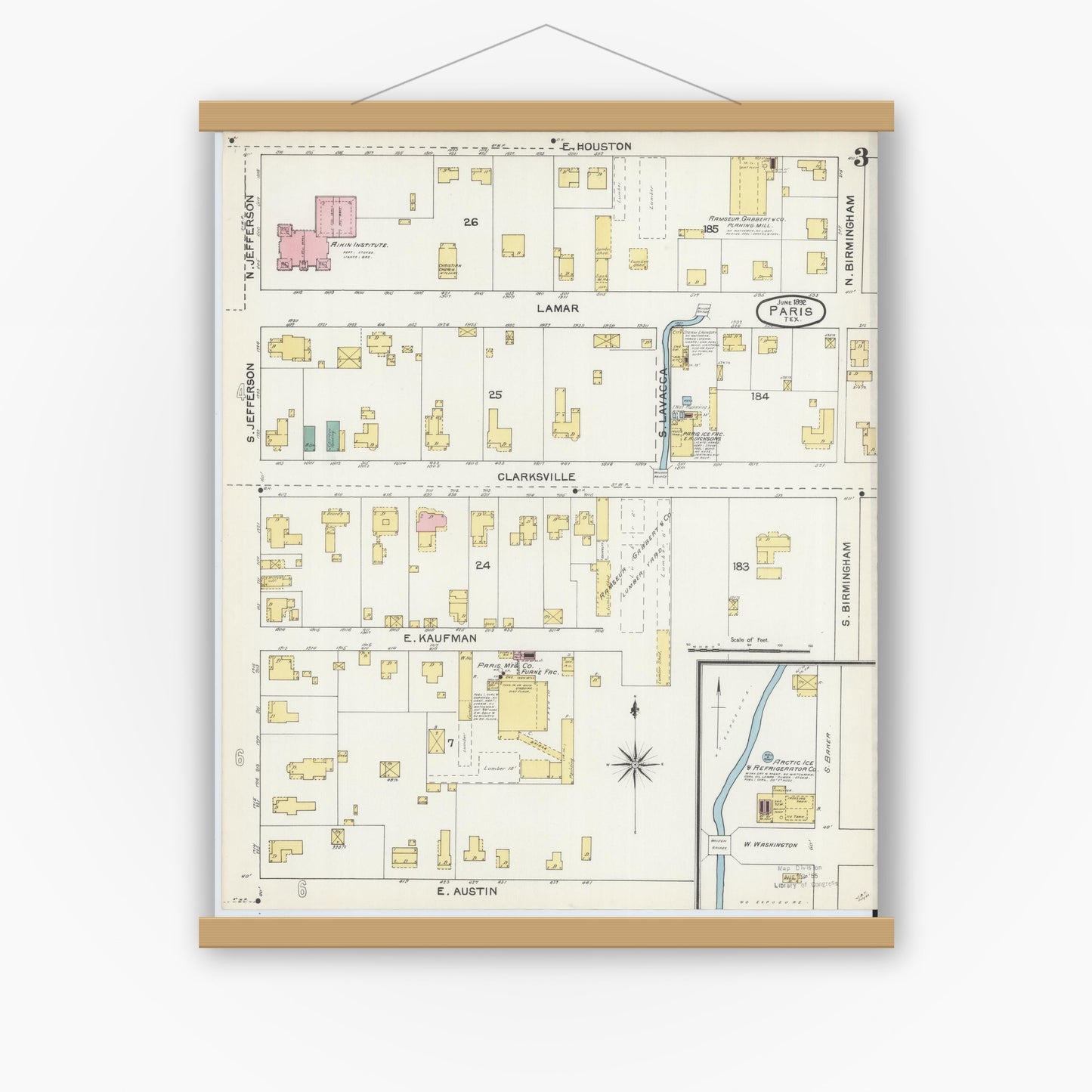 Old map wall art mockup — magnetic wood frame on white wall — Sanborn Fire Insurance Map from Paris, Lamar County, Texas (1892), Sheet #0003