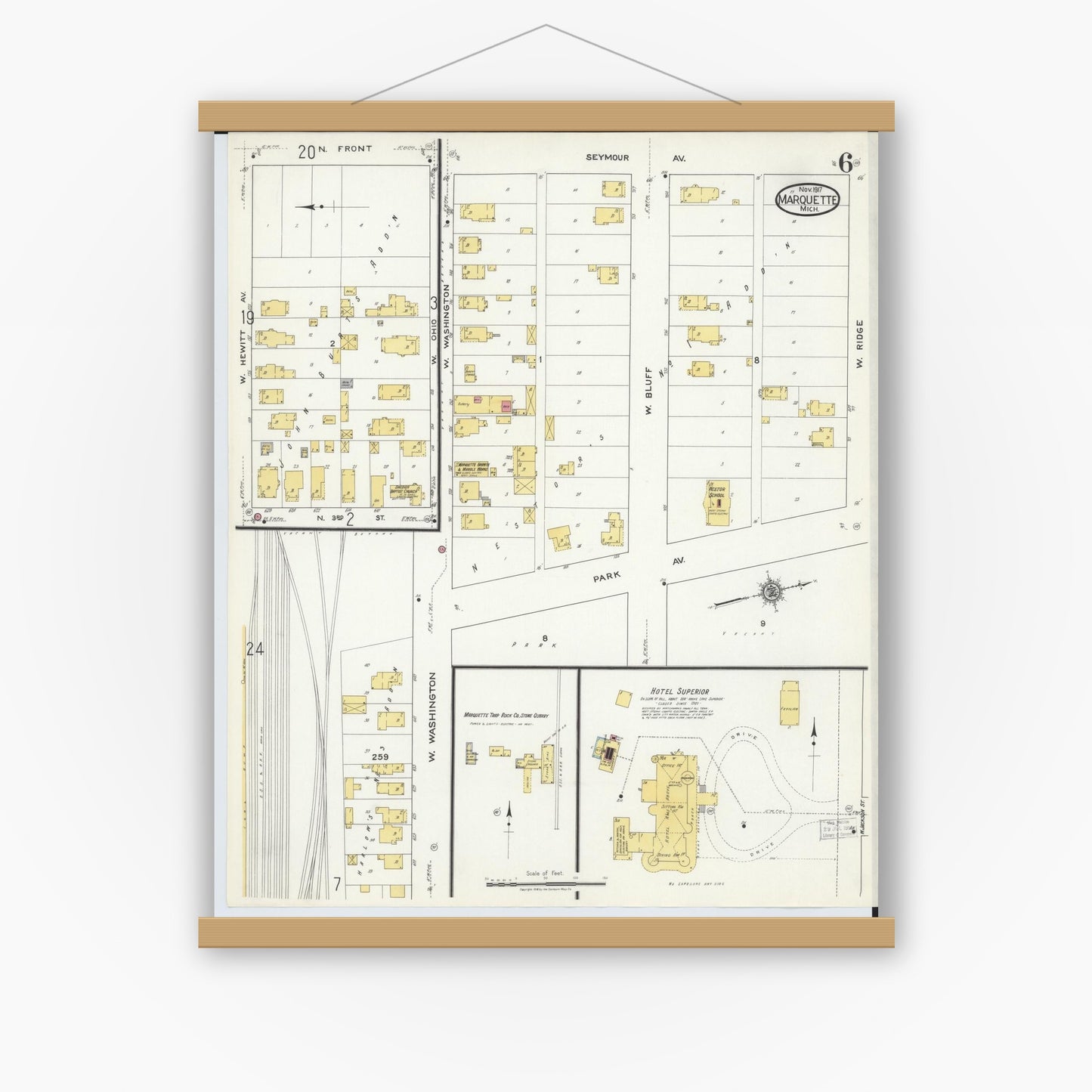 Old map wall art mockup — magnetic wood frame on white wall — Sanborn Fire Insurance Map from Marquette, Marquette County, Michigan (1917), Sheet #0006