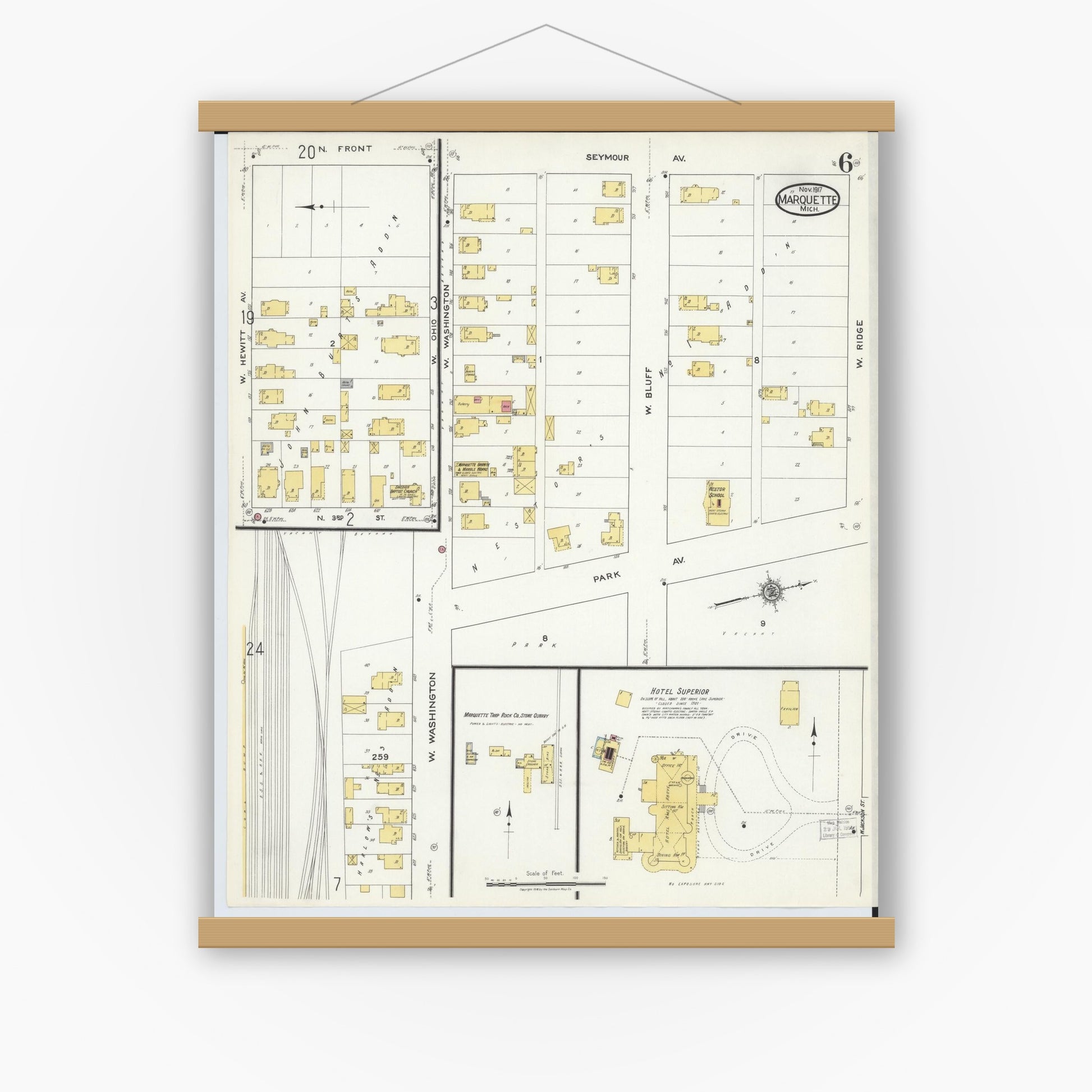 Old map wall art mockup — magnetic wood frame on white wall — Sanborn Fire Insurance Map from Marquette, Marquette County, Michigan (1917), Sheet #0006