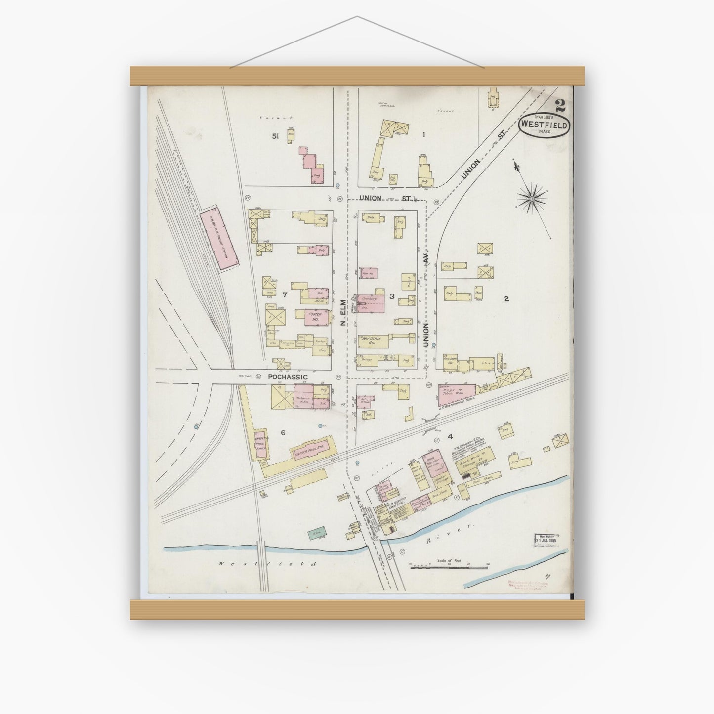 Old map wall art mockup — magnetic wood frame on white wall — Sanborn Fire Insurance Map from Westfield, Hampden County, Massachusetts (1889), Sheet #0002
