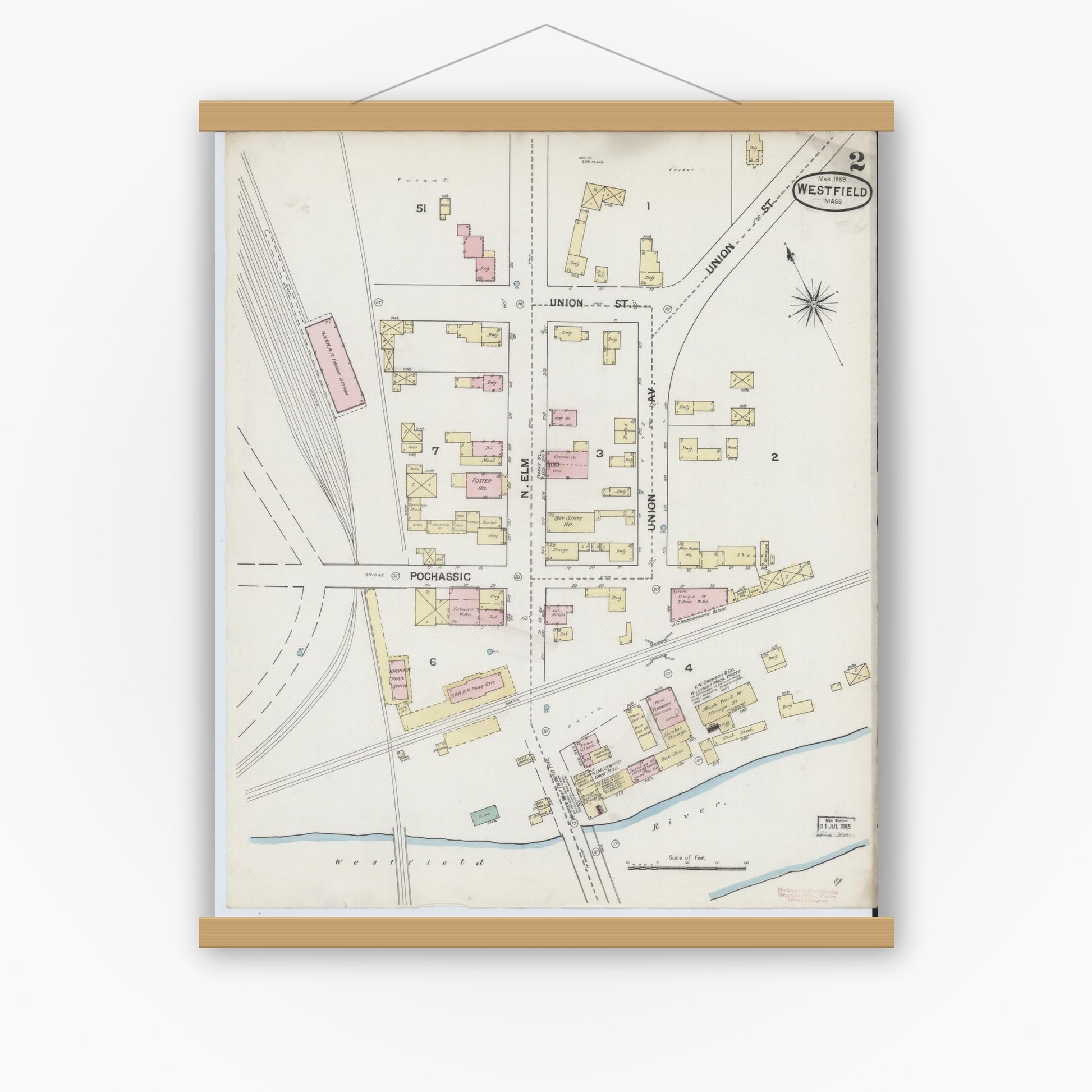 Old map wall art mockup — magnetic wood frame on white wall — Sanborn Fire Insurance Map from Westfield, Hampden County, Massachusetts (1889), Sheet #0002
