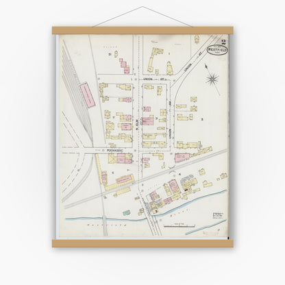 Old map wall art mockup — magnetic wood frame on white wall — Sanborn Fire Insurance Map from Westfield, Hampden County, Massachusetts (1889), Sheet #0002