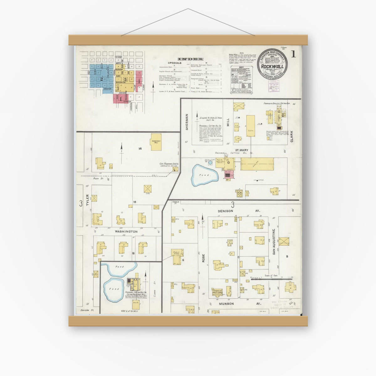 Old map wall art mockup — magnetic wood frame on white wall — Sanborn Fire Insurance Map from Rockwall, Rockwall County, Texas (1905), Sheet #0001
