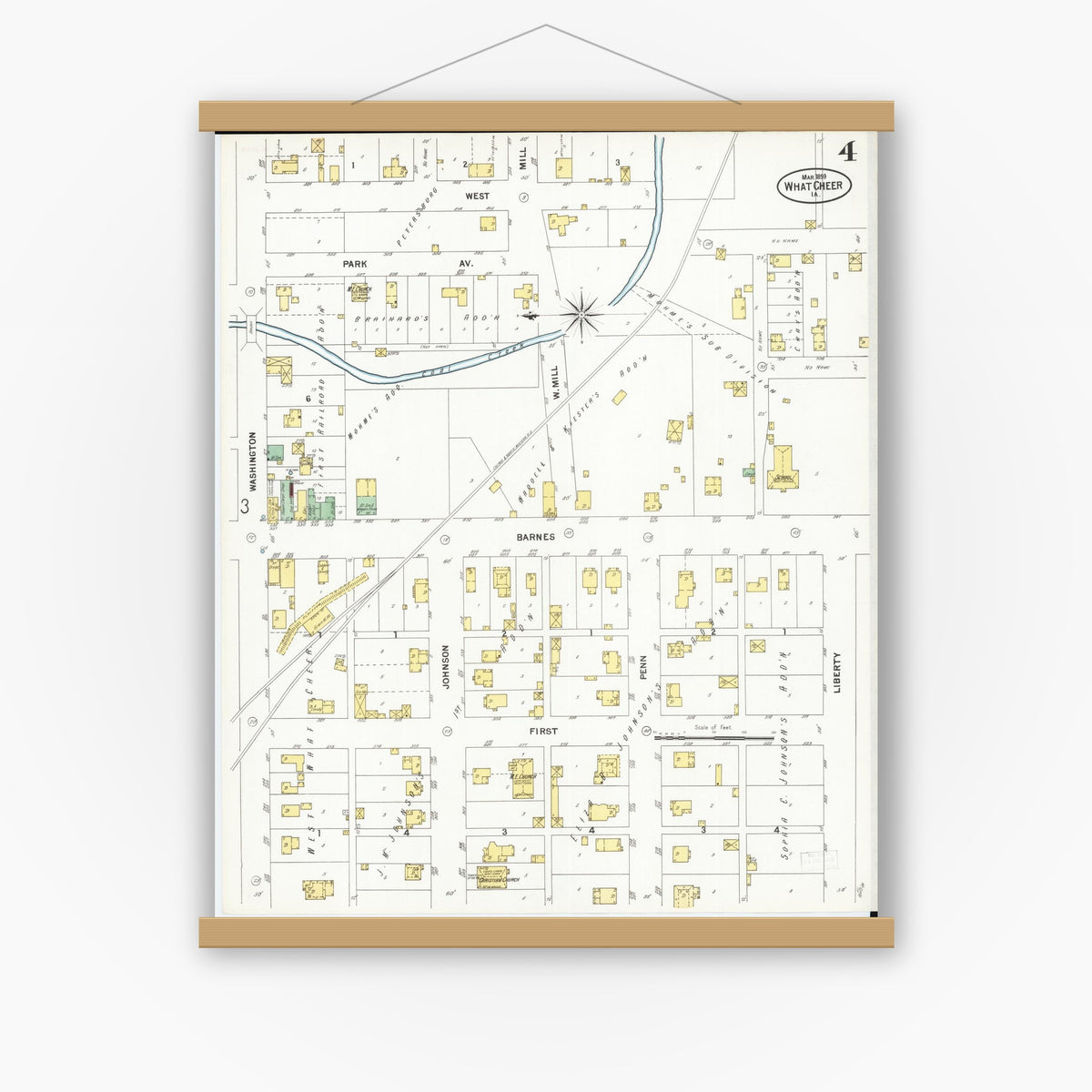 Old map wall art mockup — magnetic wood frame on white wall — Sanborn Fire Insurance Map from What Cheer, Keokuk County, Iowa (1899), Sheet #0004