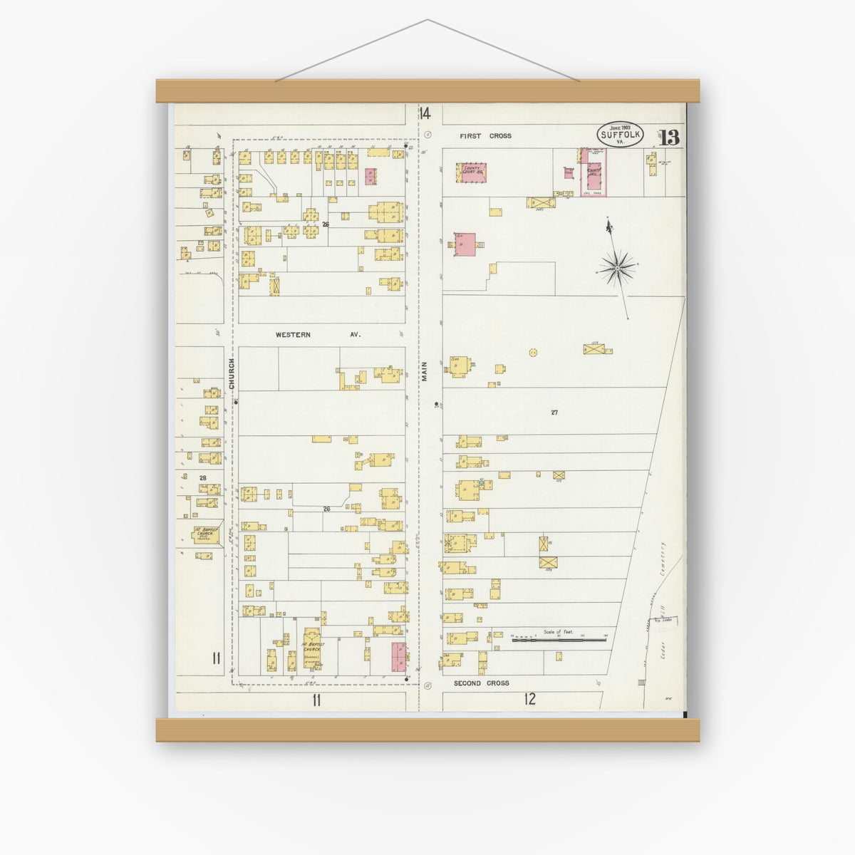 Old map wall art mockup — magnetic wood frame on white wall — Sanborn Fire Insurance Map from Suffolk, Independent Cities, Virginia (1903), Sheet #0013