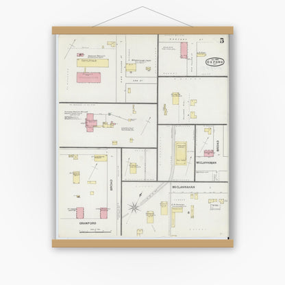 Old map wall art mockup — magnetic wood frame on white wall — Sanborn Fire Insurance Map from Oxford, Granville County, North Carolina (1892), Sheet #0005