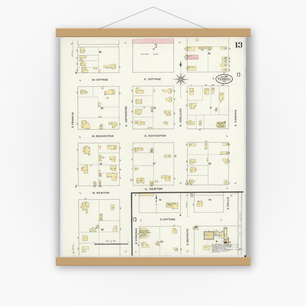 Old map wall art mockup — magnetic wood frame on white wall — Sanborn Fire Insurance Map from Terrell, Kaufman County, Texas (1909), Sheet #0013