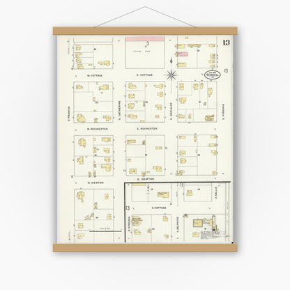 Old map wall art mockup — magnetic wood frame on white wall — Sanborn Fire Insurance Map from Terrell, Kaufman County, Texas (1909), Sheet #0013