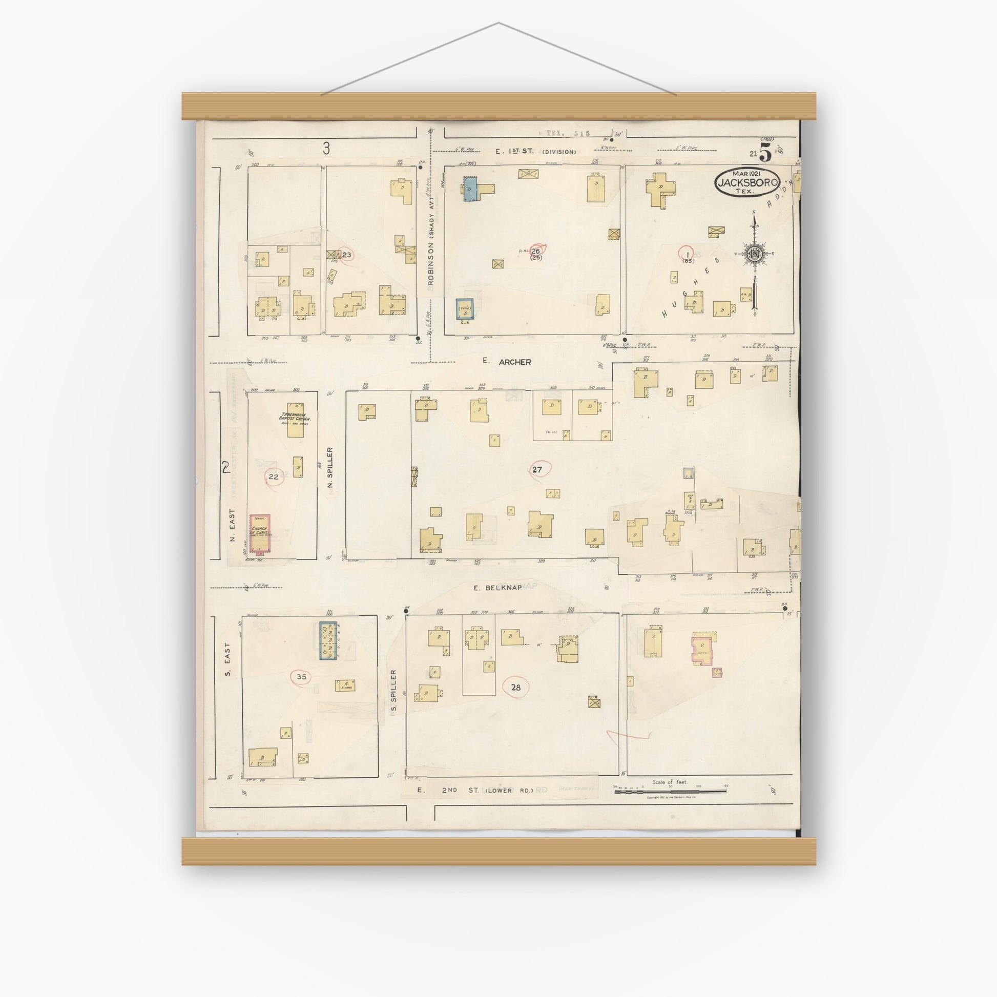 Old map wall art mockup — magnetic wood frame on white wall — Sanborn Fire Insurance Map from Jacksboro, Jack County, Texas (1942), Sheet #0005