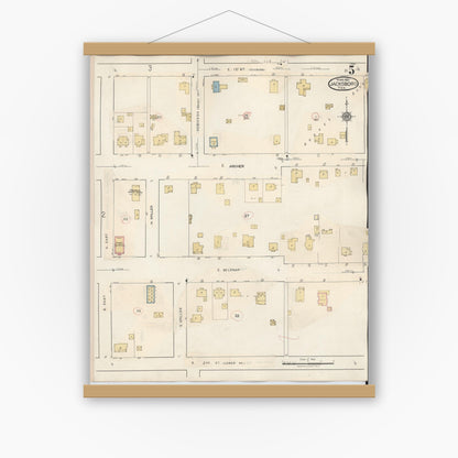 Old map wall art mockup — magnetic wood frame on white wall — Sanborn Fire Insurance Map from Jacksboro, Jack County, Texas (1942), Sheet #0005
