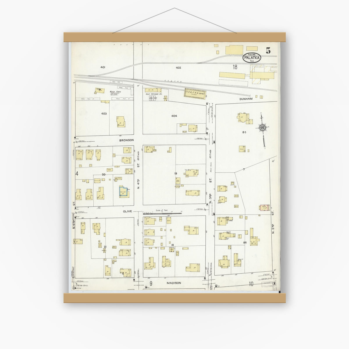 Old map wall art mockup — magnetic wood frame on white wall — Sanborn Fire Insurance Map from Palatka, Putnam County, Florida (1915), Sheet #0005