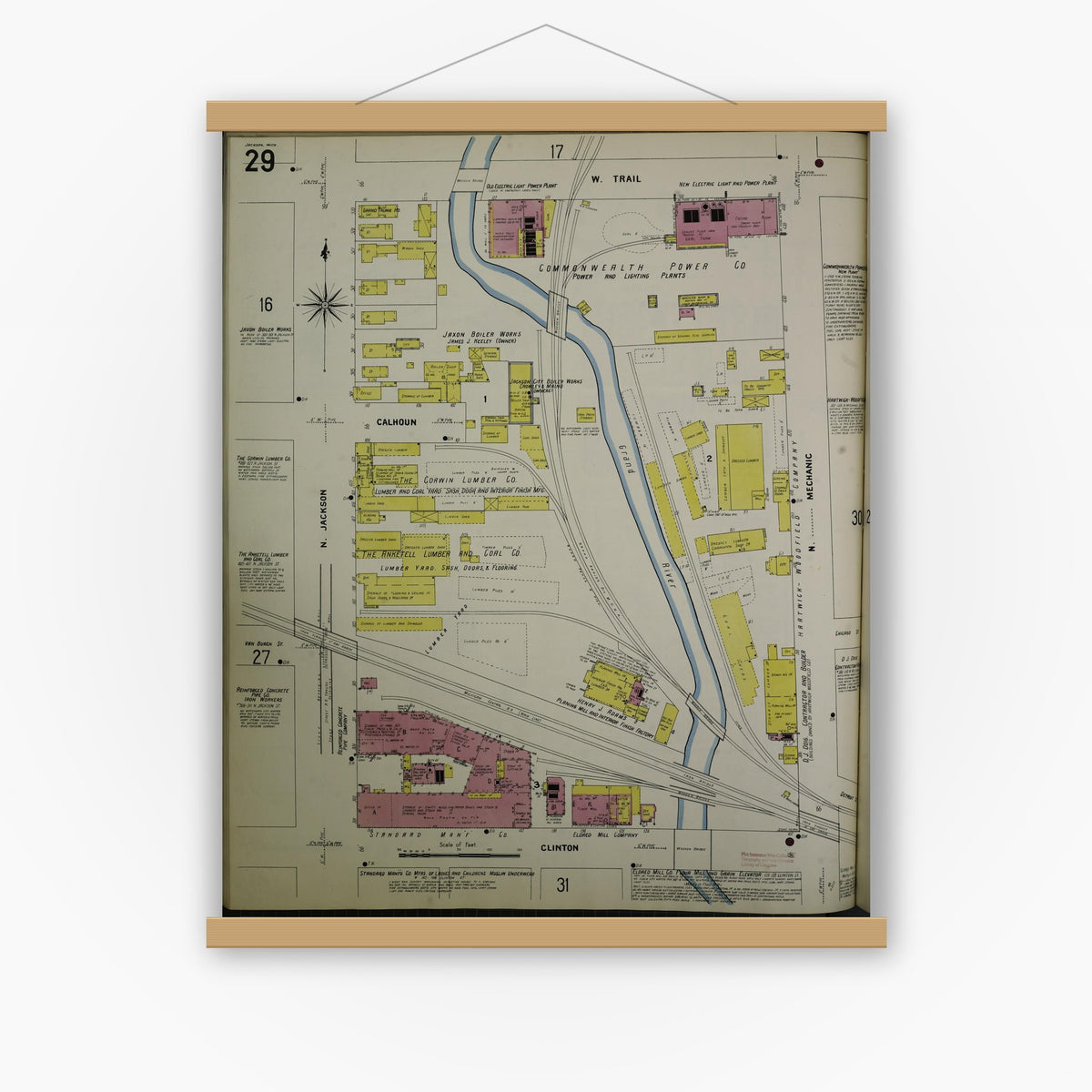 Old map wall art mockup — magnetic wood frame on white wall — Sanborn Fire Insurance Map from Jackson, Jackson County, Michigan (1907), Sheet #0029