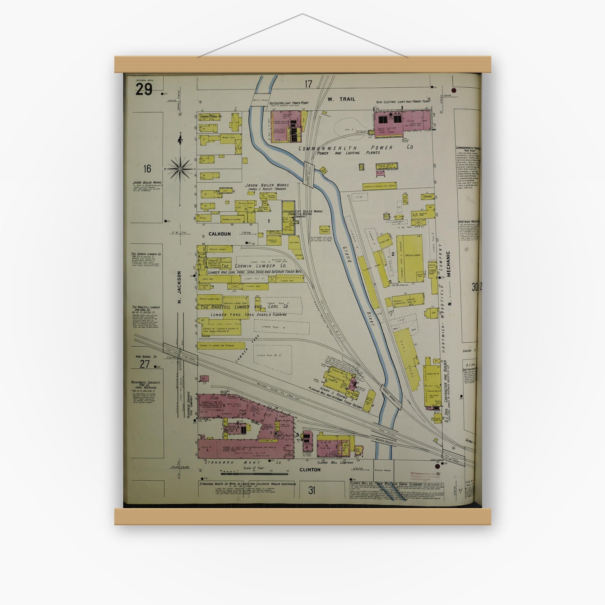 Old map wall art mockup — magnetic wood frame on white wall — Sanborn Fire Insurance Map from Jackson, Jackson County, Michigan (1907), Sheet #0029