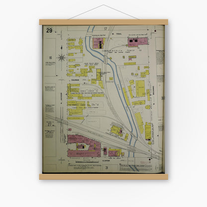 Old map wall art mockup — magnetic wood frame on white wall — Sanborn Fire Insurance Map from Jackson, Jackson County, Michigan (1907), Sheet #0029