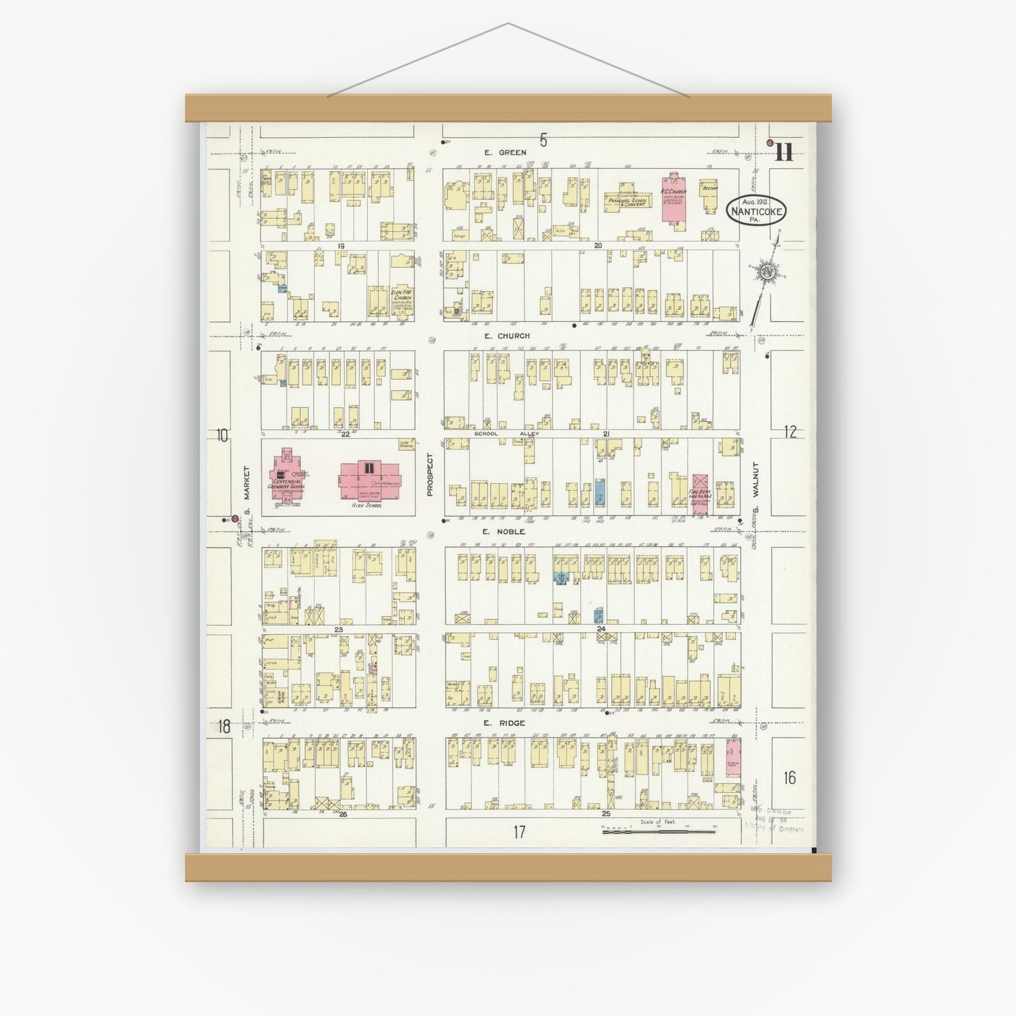 Old map wall art mockup — magnetic wood frame on white wall — Sanborn Fire Insurance Map from Nanticoke, Luzerne County, Pennsylvania (1912), Sheet #0011