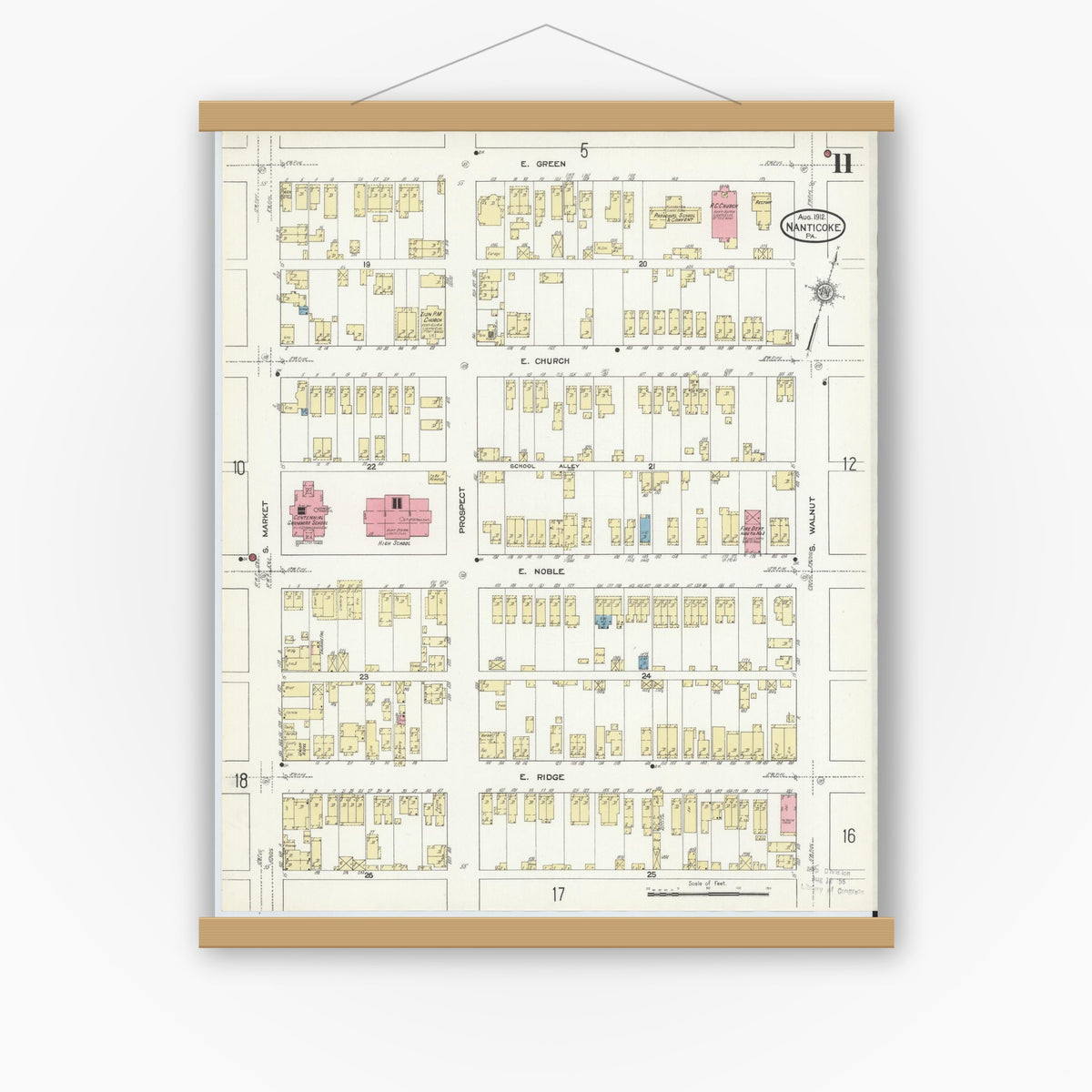 Old map wall art mockup — magnetic wood frame on white wall — Sanborn Fire Insurance Map from Nanticoke, Luzerne County, Pennsylvania (1912), Sheet #0011
