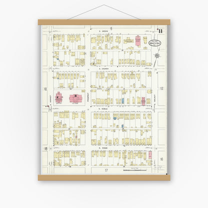 Old map wall art mockup — magnetic wood frame on white wall — Sanborn Fire Insurance Map from Nanticoke, Luzerne County, Pennsylvania (1912), Sheet #0011