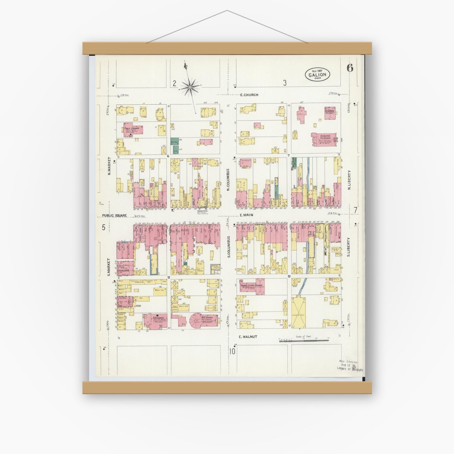 Old map wall art mockup — magnetic wood frame on white wall — Sanborn Fire Insurance Map from Galion, Crawford County, Ohio (1907), Sheet #0006
