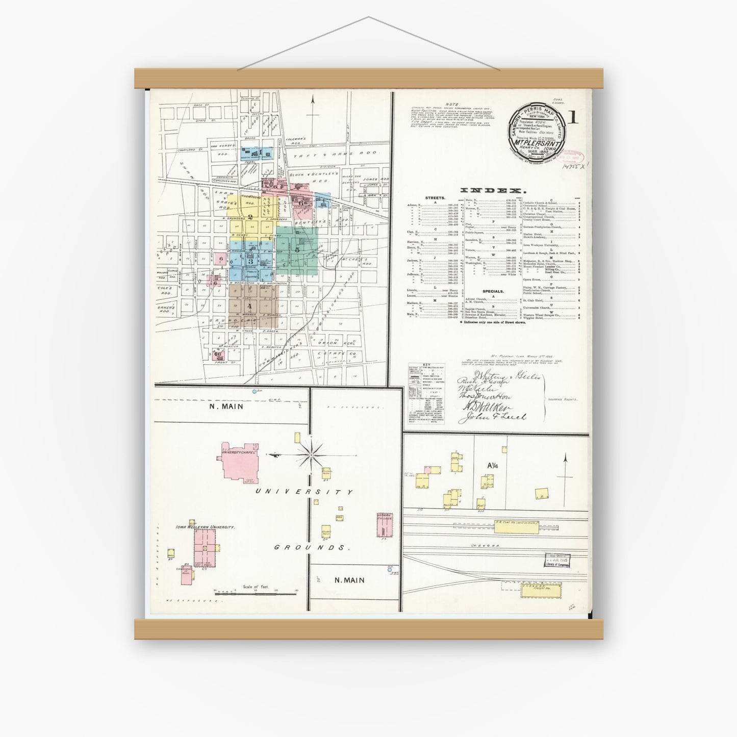 Old map wall art mockup — magnetic wood frame on white wall — Sanborn Fire Insurance Map from Mount Pleasant, Henry County, Iowa (1892) â€” Complete Set