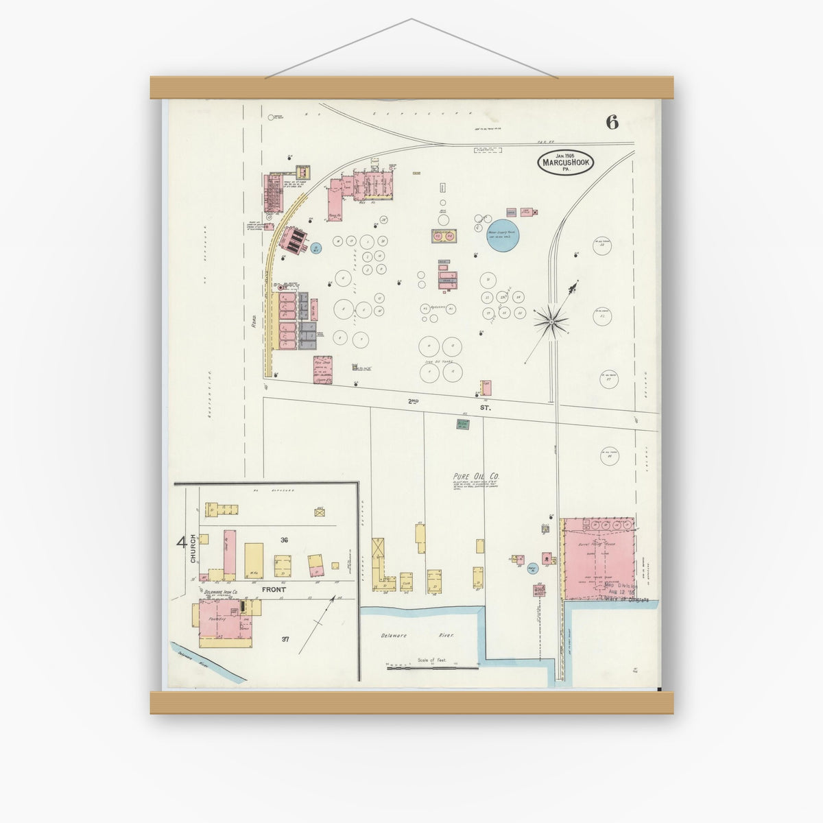Old map wall art mockup — magnetic wood frame on white wall — Sanborn Fire Insurance Map from Marcus Hook, Chester County, Pennsylvania (1905), Sheet #0006