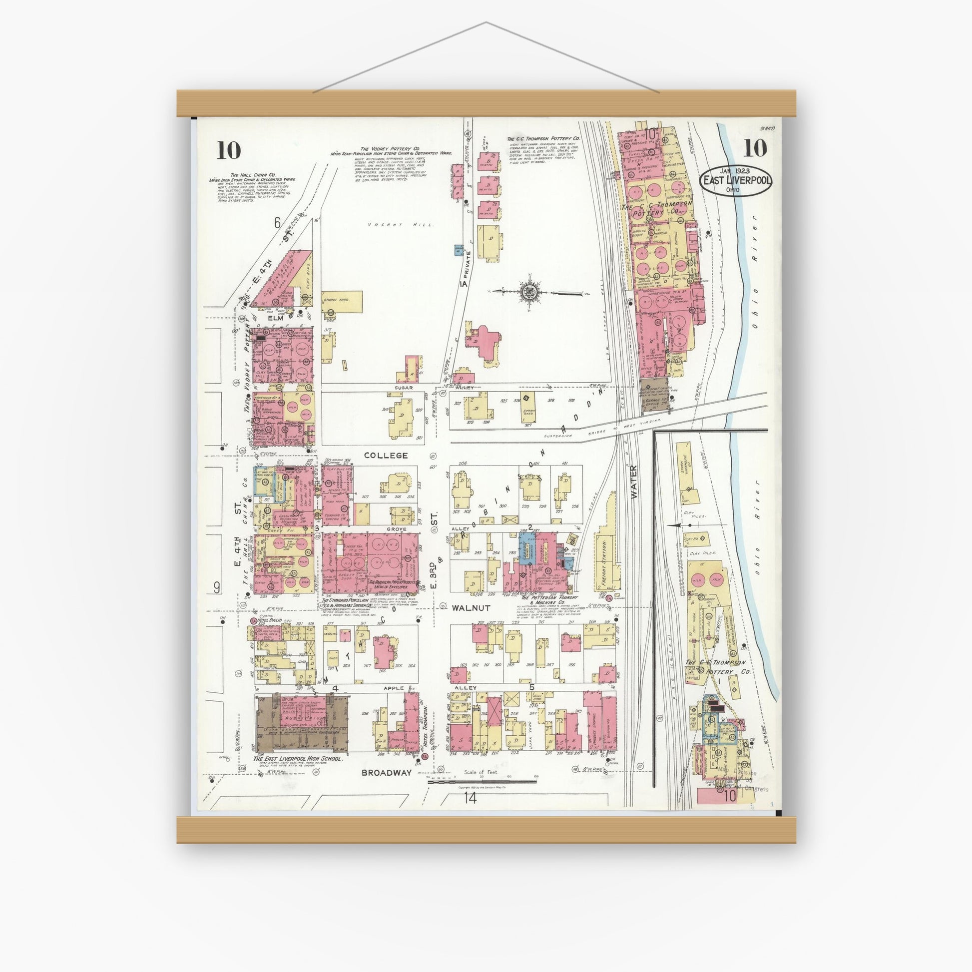 Old map wall art mockup — magnetic wood frame on white wall — Sanborn Fire Insurance Map from East Liverpool, Columbiana County, Ohio (1923), Sheet #0010