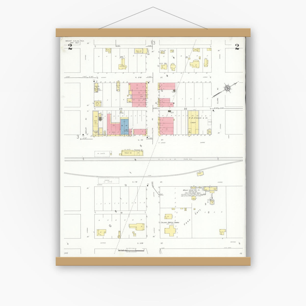 Old map wall art mockup — magnetic wood frame on white wall — Sanborn Fire Insurance Map from Mount Calm, Hill County, Texas (1937), Sheet #0002