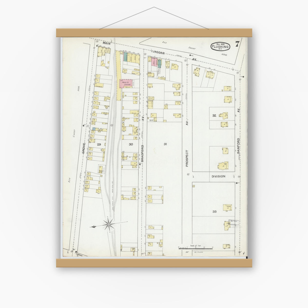 Old map wall art mockup — magnetic wood frame on white wall — Sanborn Fire Insurance Map from Flushing, Queens County, New York (1892), Sheet #0007