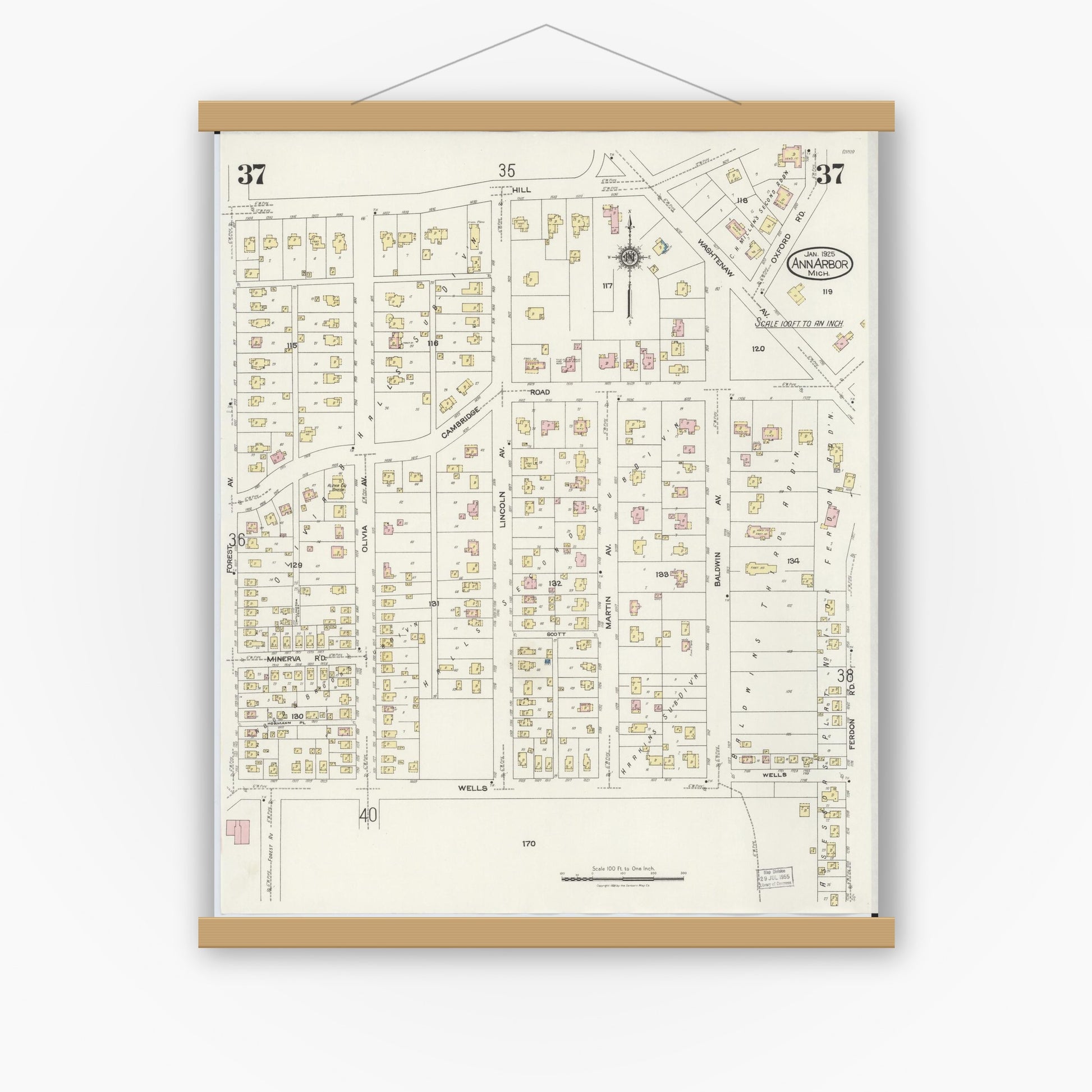 Old map wall art mockup — magnetic wood frame on white wall — Sanborn Fire Insurance Map from Ann Arbor, Washtenaw County, Michigan (1925), Sheet #0037