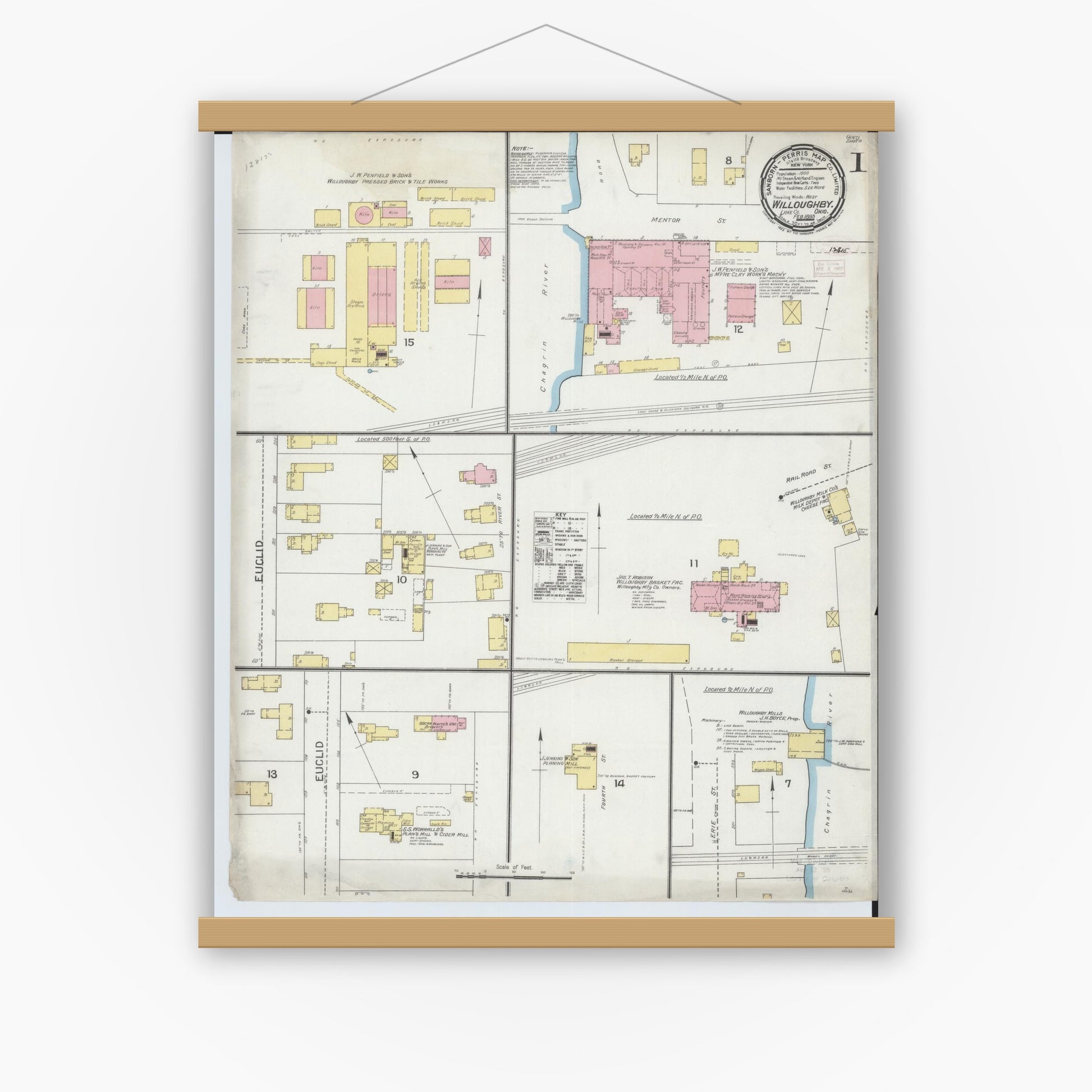 Old map wall art mockup — magnetic wood frame on white wall — Sanborn Fire Insurance Map from Willoughby, Lake County, Ohio (1893) - Complete Map Set