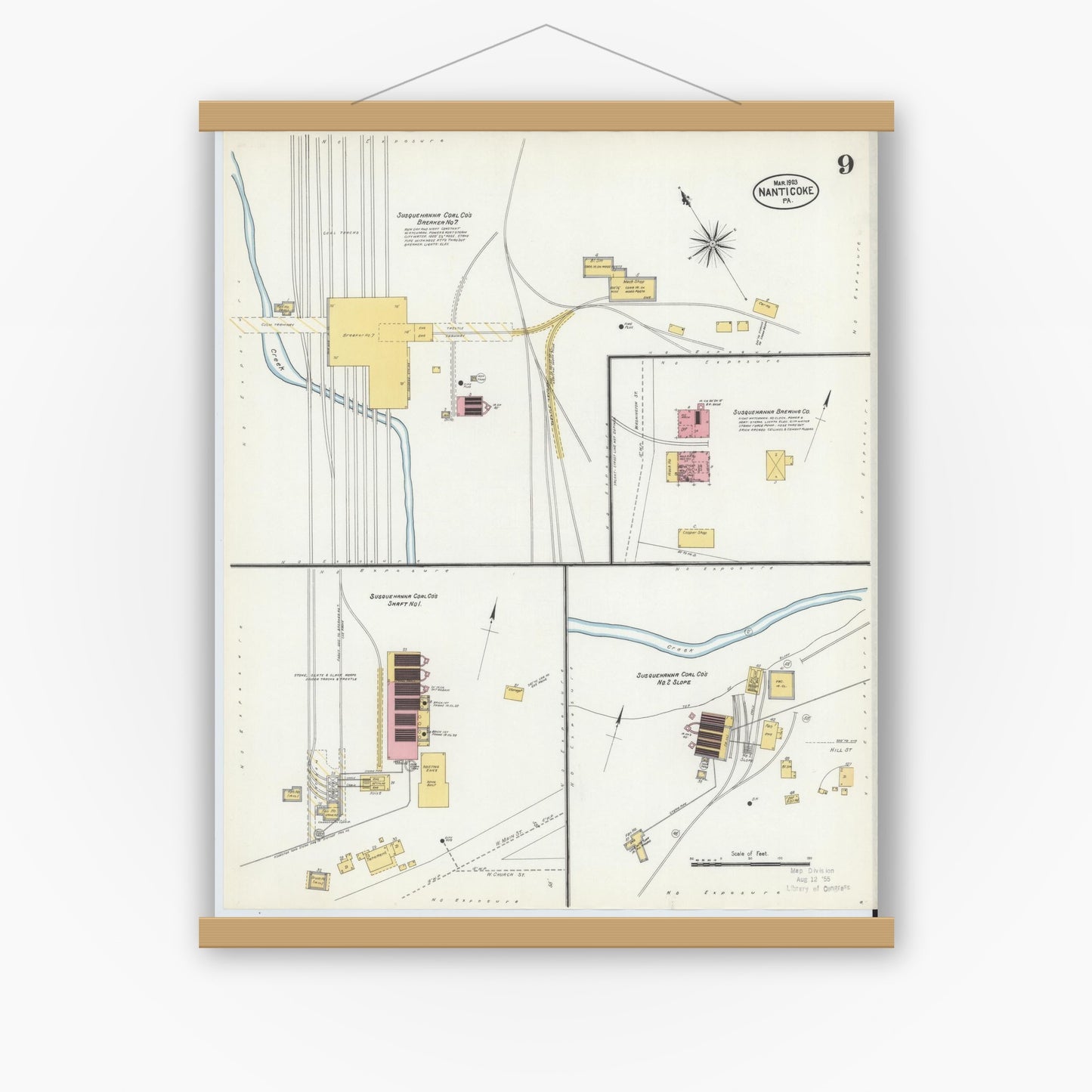 Old map wall art mockup — magnetic wood frame on white wall — Sanborn Fire Insurance Map from Nanticoke, Luzerne County, Pennsylvania (1903), Sheet #0009