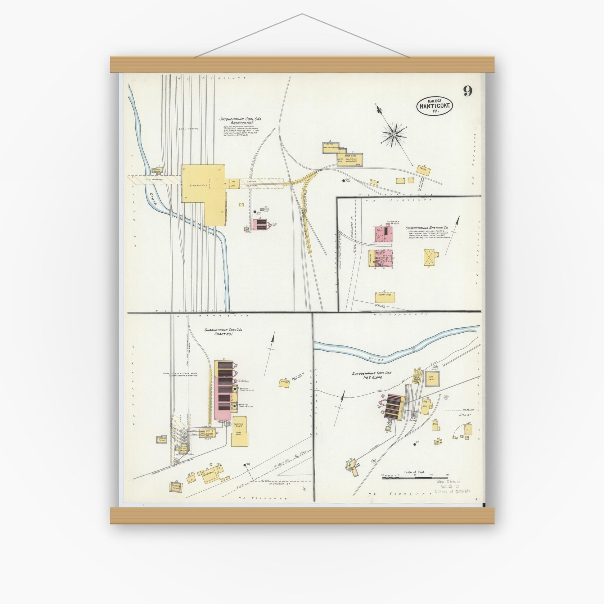 Old map wall art mockup — magnetic wood frame on white wall — Sanborn Fire Insurance Map from Nanticoke, Luzerne County, Pennsylvania (1903), Sheet #0009