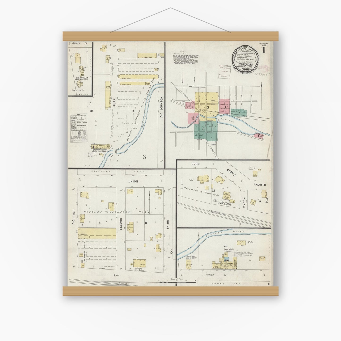 Old map wall art mockup — magnetic wood frame on white wall — Sanborn Fire Insurance Map from Hartford, Washington County, Wisconsin (1897) - Complete Map Set