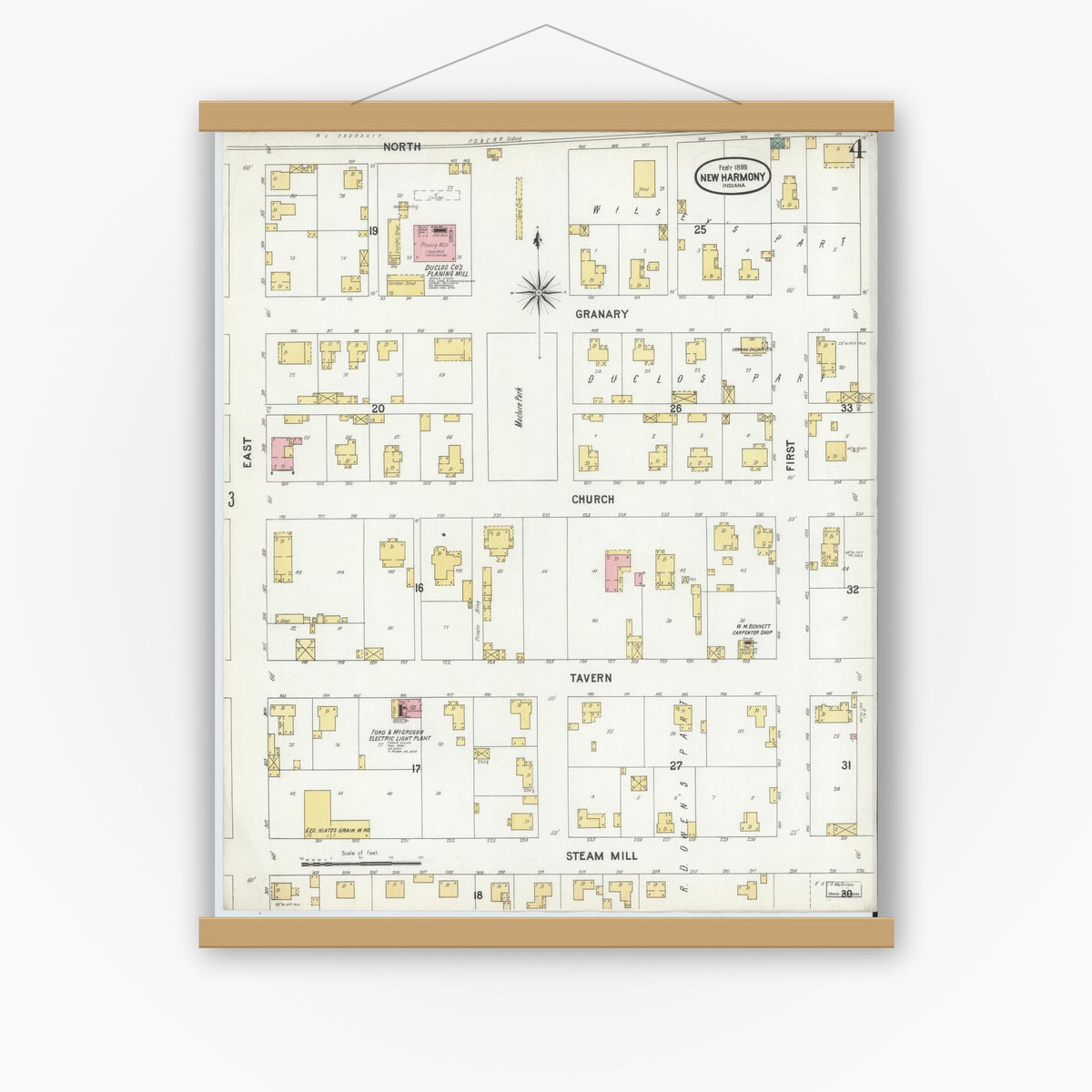 Old map wall art mockup — magnetic wood frame on white wall — Sanborn Fire Insurance Map from New Harmony, Posey County, Indiana (1899), Sheet #0004