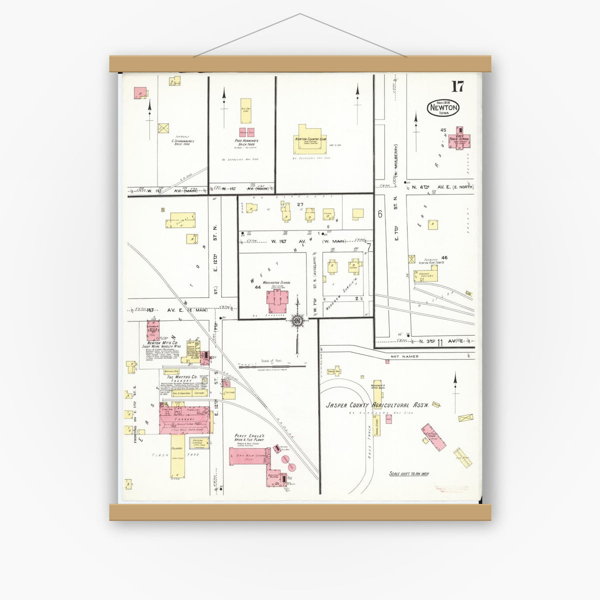 Old map wall art mockup — magnetic wood frame on white wall — Sanborn Fire Insurance Map from Newton, Jasper County, Iowa (1918), Sheet #0017