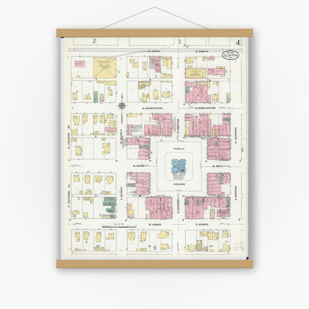 Old map wall art mockup — magnetic wood frame on white wall — Sanborn Fire Insurance Map from Clinton, De Witt County, Illinois (1910), Sheet #0004