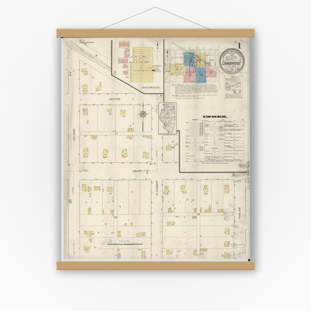 Old map wall art mockup — magnetic wood frame on white wall — Sanborn Fire Insurance Map from Cambridge, Henry County, Illinois (1913) - Complete Map Set