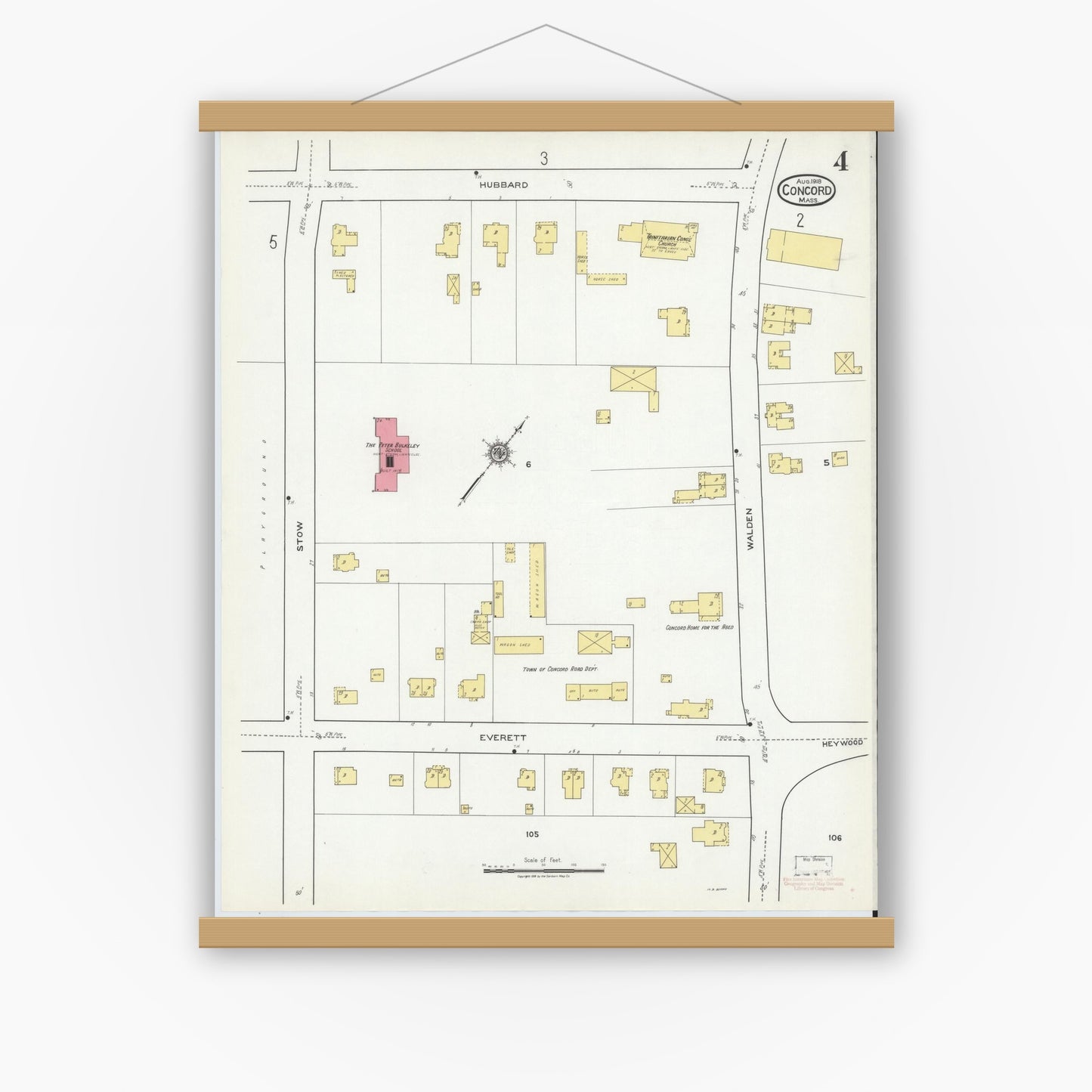 Old map wall art mockup — magnetic wood frame on white wall — Sanborn Fire Insurance Map from Concord, Middlesex County, Massachusetts (1918), Sheet #0004
