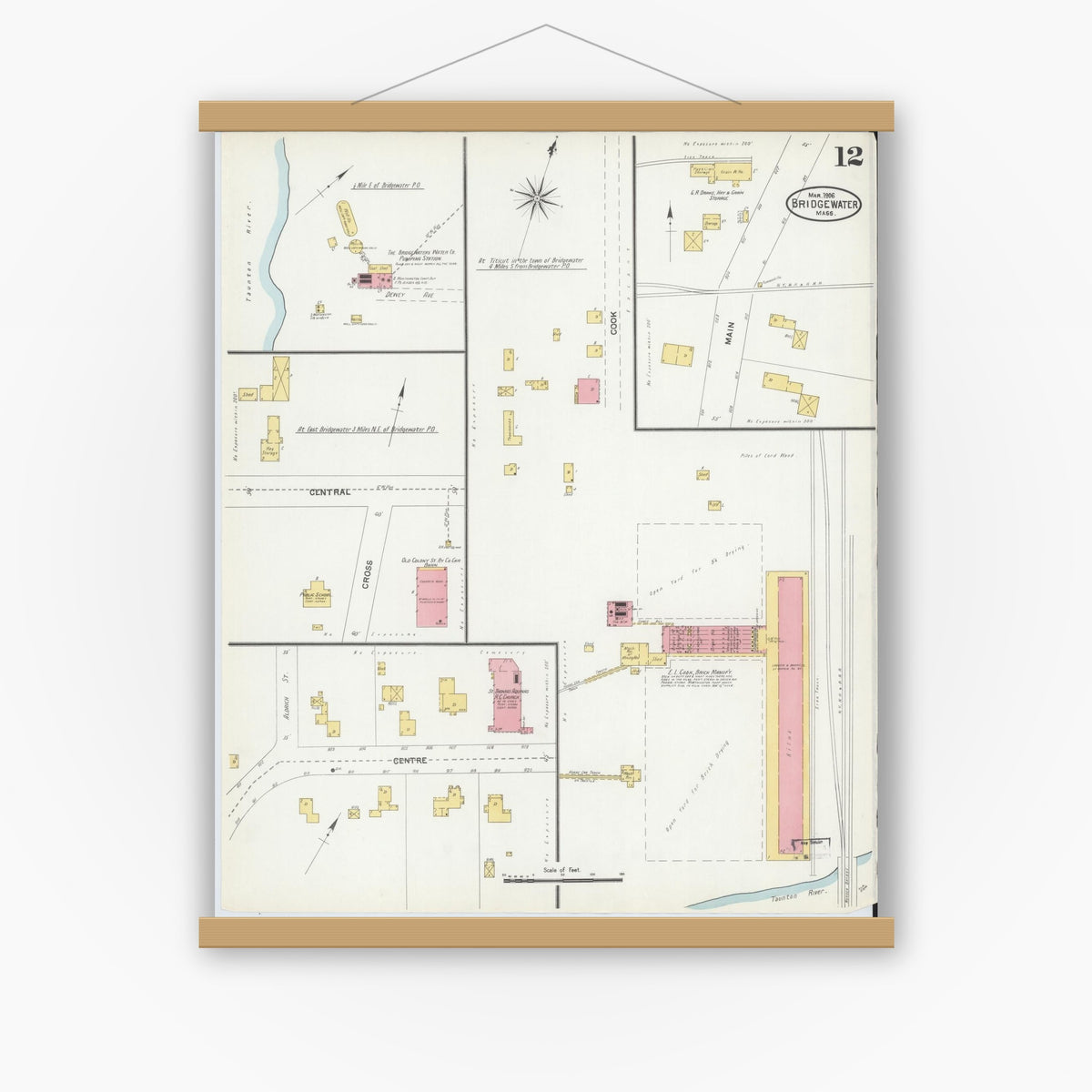 Old map wall art mockup — magnetic wood frame on white wall — Sanborn Fire Insurance Map from Bridgewater, Plymouth County, Massachusetts (1906), Sheet #0012