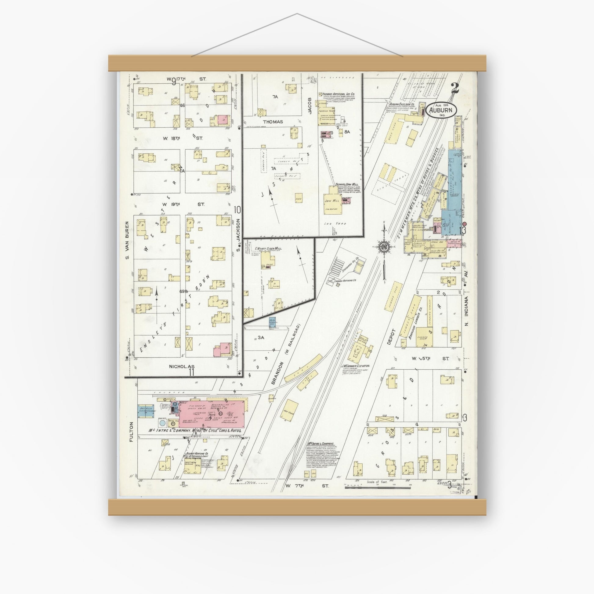 Old map wall art mockup — magnetic wood frame on white wall — Sanborn Fire Insurance Map from Auburn, De Kalb County, Indiana (1914), Sheet #0002
