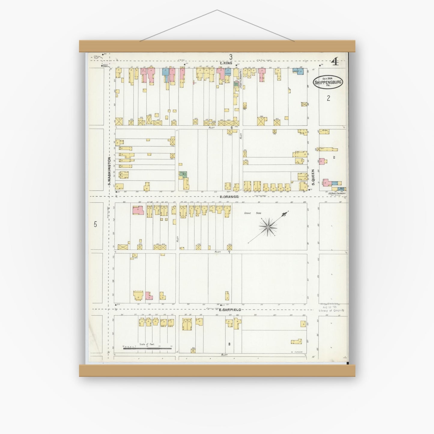 Old map wall art mockup — magnetic wood frame on white wall — Sanborn Fire Insurance Map from Shippensburg, Cumberland And Franklin Counties, Pennsylvania (1904), Sheet #0004