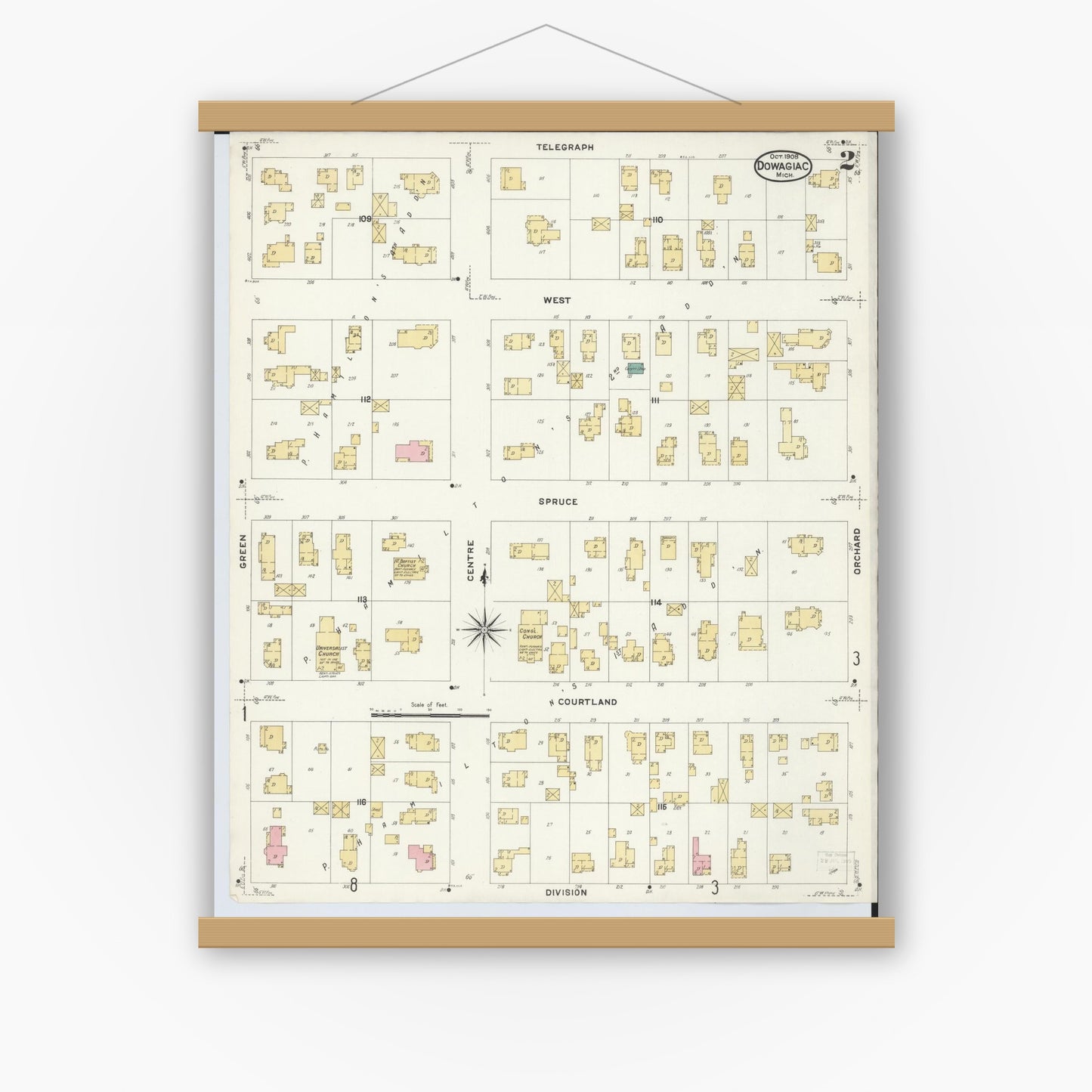 Old map wall art mockup — magnetic wood frame on white wall — Sanborn Fire Insurance Map from Dowagiac, Cass County, Michigan (1908), Sheet #0002