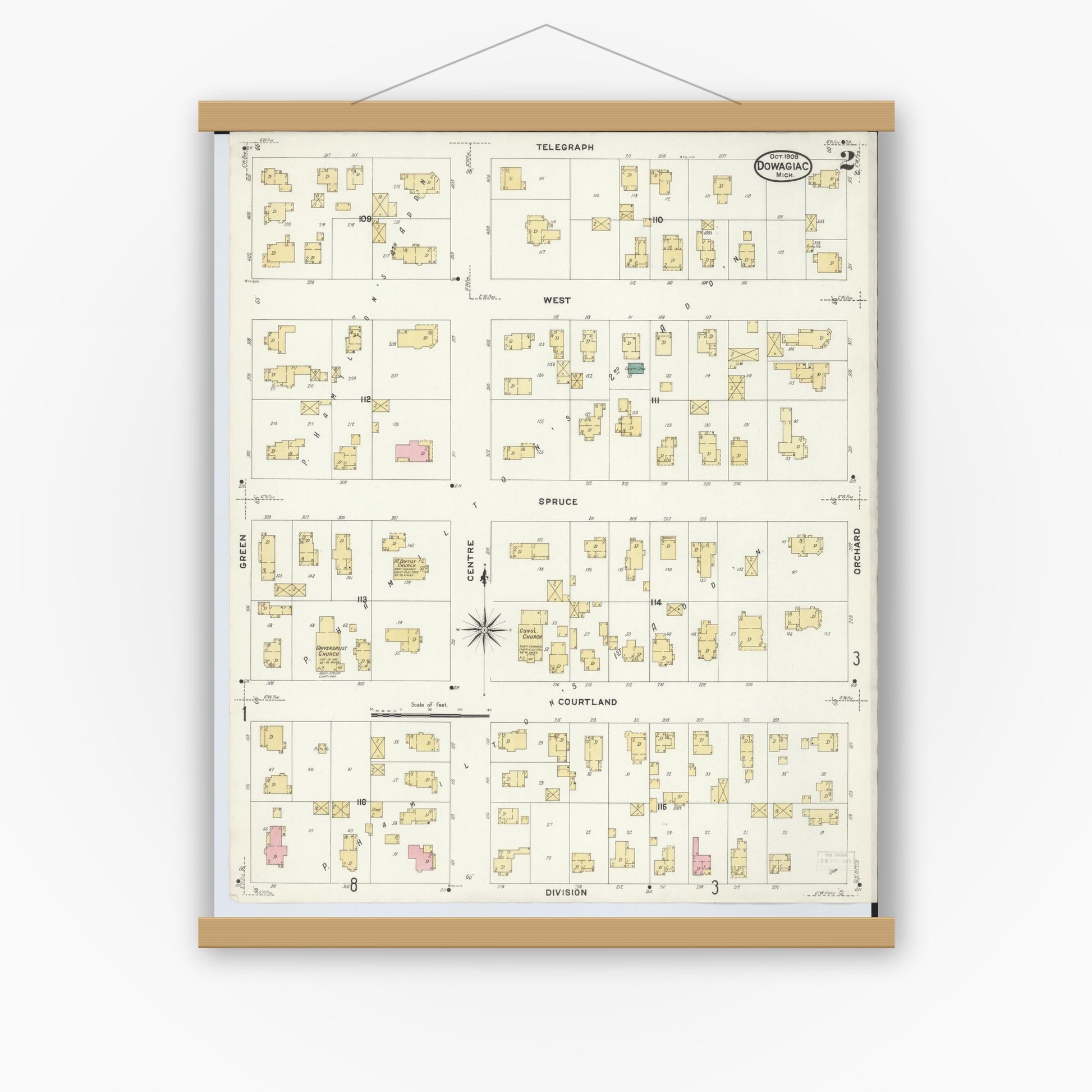 Old map wall art mockup — magnetic wood frame on white wall — Sanborn Fire Insurance Map from Dowagiac, Cass County, Michigan (1908), Sheet #0002