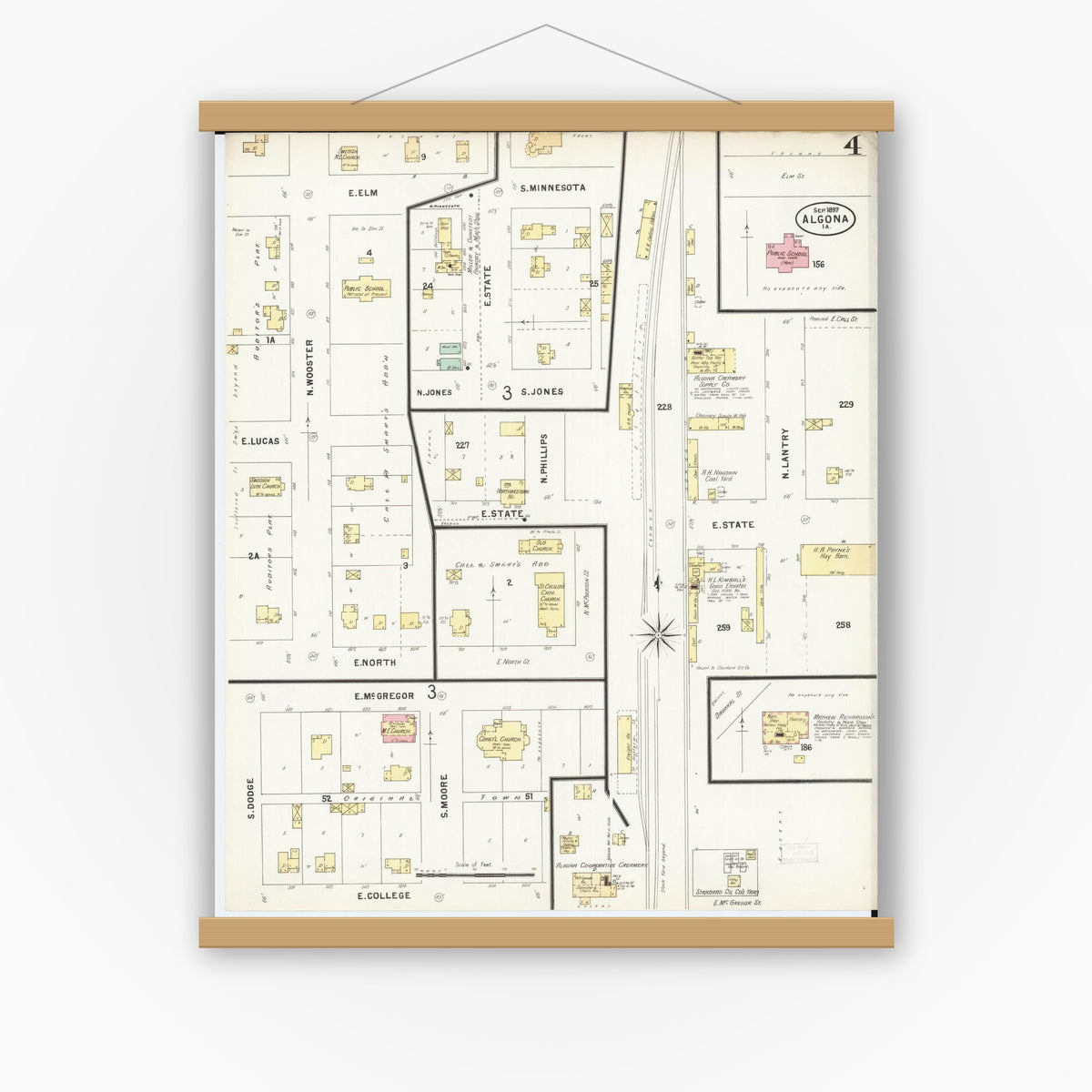 Old map wall art mockup — magnetic wood frame on white wall — Sanborn Fire Insurance Map from Algona, Kossuth County, Iowa (1897), Sheet #0004