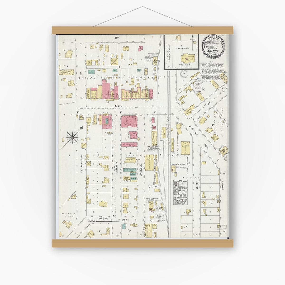 Old map wall art mockup — magnetic wood frame on white wall — Sanborn Fire Insurance Map from Walnut, Bureau County, Illinois (1900), Sheet #0001