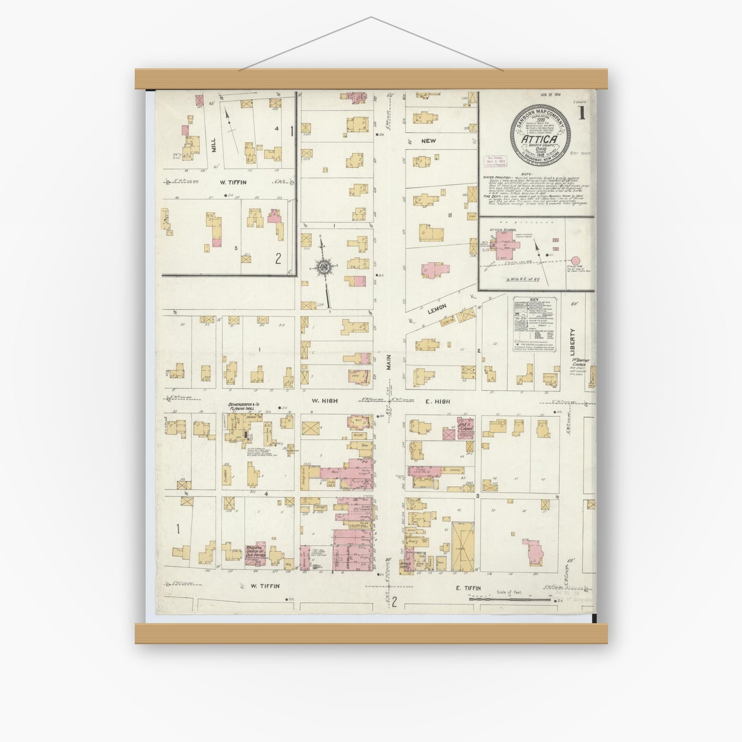 Old map wall art mockup — magnetic wood frame on white wall — Sanborn Fire Insurance Map from Attica, Seneca County, Ohio (1912) - Complete Map Set