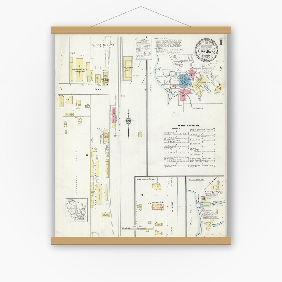 Old map wall art mockup — magnetic wood frame on white wall — Sanborn Fire Insurance Map from Lake Mills, Jefferson County, Wisconsin (1912) - Complete Map Set