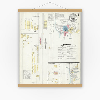 Old map wall art mockup — magnetic wood frame on white wall — Sanborn Fire Insurance Map from Lake Mills, Jefferson County, Wisconsin (1912) - Complete Map Set