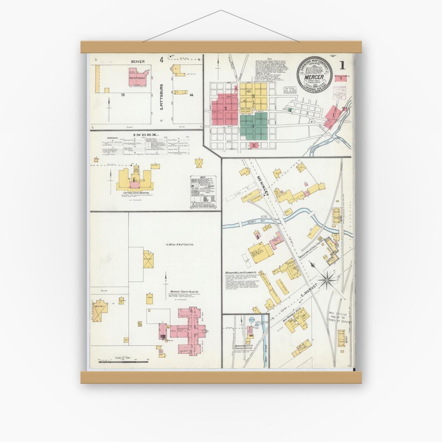 Old map wall art mockup — magnetic wood frame on white wall — Sanborn Fire Insurance Map from Mercer, Mercer County, Pennsylvania (1904) - Complete Map Set