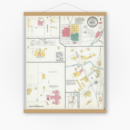 Old map wall art mockup — magnetic wood frame on white wall — Sanborn Fire Insurance Map from Mercer, Mercer County, Pennsylvania (1904) - Complete Map Set