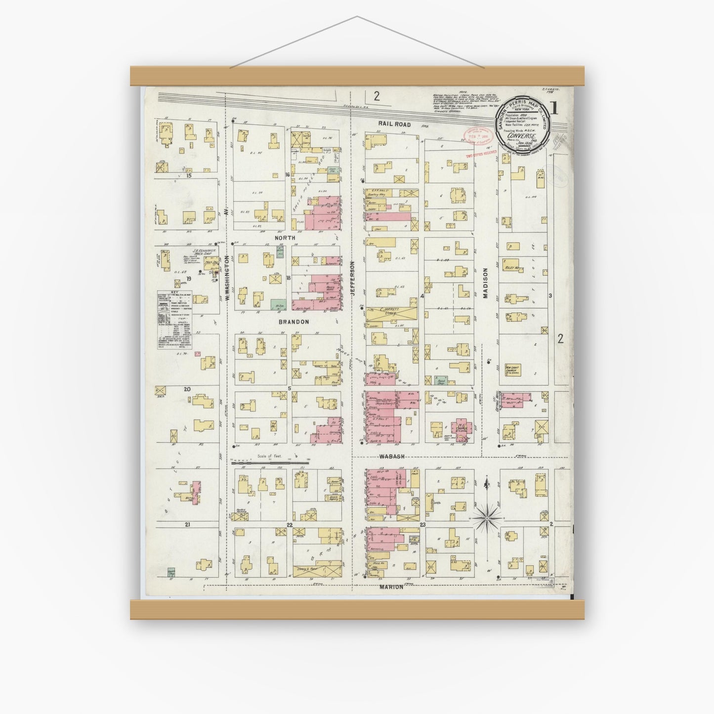 Old map wall art mockup — magnetic wood frame on white wall — Sanborn Fire Insurance Map from Converse, Miami County, Indiana (1898) - Complete Map Set